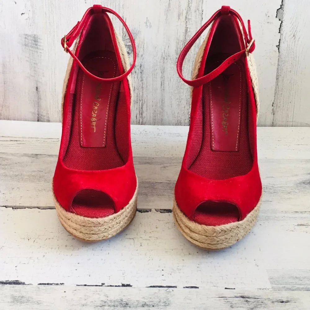 NIB Jean Michael Cazabat Zulaka Red Wedge Espadrille Ankle Strap Suede - Picture 2 of 10
